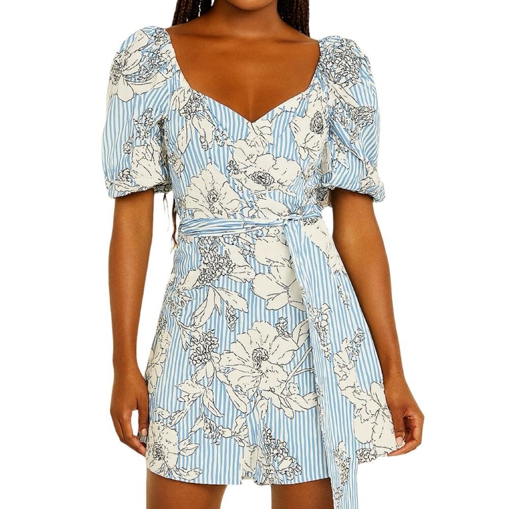 Y2k Blue White Striped floral Mini Dress  with puff sleeves Size M